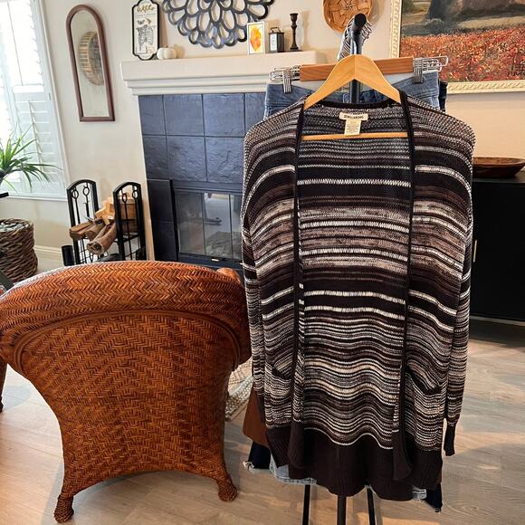 Billabong Cardigan Duster Womens Size S/P Brown with Pockets Striped Open Earthy - Picture 16 of 16